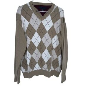 Tommy Hilfiger Men's Argyle V Neck Sweater Tan Cream Brown XL Knit Cotton
